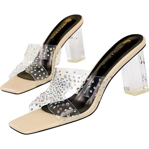 Корейская версия модных летних тапочек, прозрачные каблуки, сверкающие сверла с квадратными пальцами