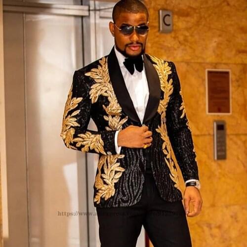 Shiny Beaded Gold Embroidery Mens Slim Fit Suits 2 Piece Jacket Pants Sets Groom Tuxedos Male Business Blazer Terno Masculino
