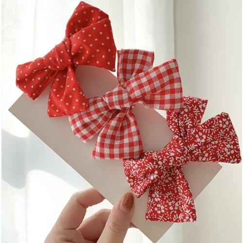 Red Floral Bow Hair Clips Cute Dots Hairpin Printed Flower Plaid Clip Headwear Accessories for Baby Girls