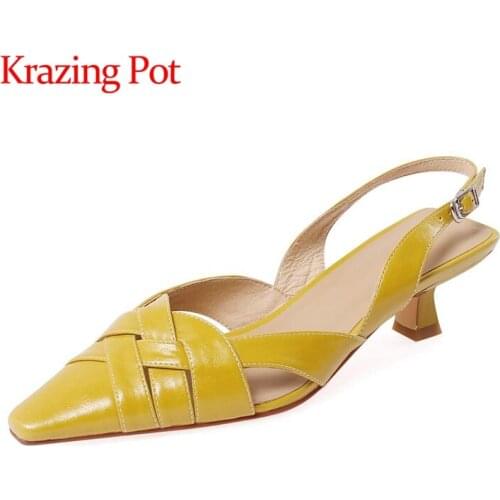 Krazing pot genuine leather pointed toe med heels streetwear Korean girl daily wear buckle straps summer mules sandals women L96