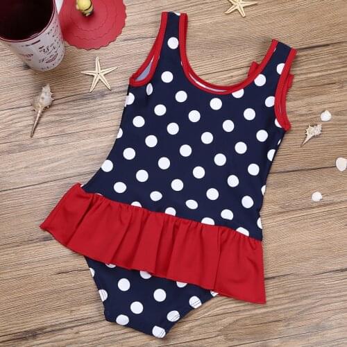 Toddler Girl Swimsuit Bodysuit Cute Polka Dot Swimming Clothes Summer One-Piece Sleeveless Ruffles Leotard Swimwear Beach Romper