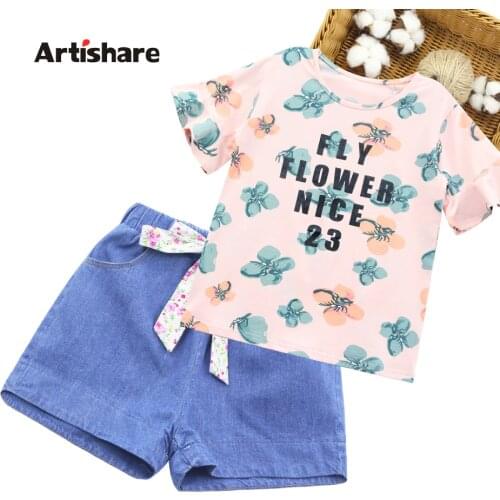 Summer Clothes For Girls Floral Tshirt + Denim Short Tracksuits For Girls Letter Kids Clothes Girls Sashes Kid Clothes