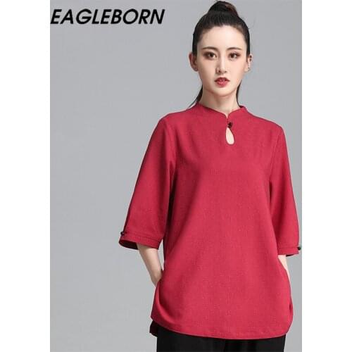 Summer Tai Chi Clothing Women Seven-point Sleeve Martial Arts Clothing Jade Buckle Thin Section Practice Kung Fu Tai Chi Uniform