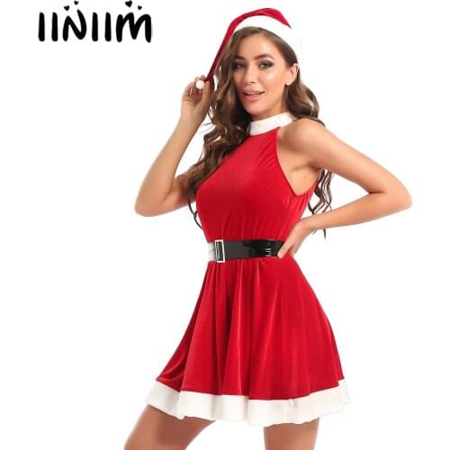 US/UK STOCK iiniim Fashion Party Dress Up for Womens Female Santa Xmas Fancy Costume Cosplay Christmas Dress with Hat and Belt
