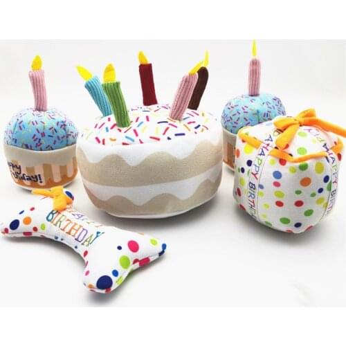 Pet Dog Molar Toy Plush Birthday Cake Squeaky Toys Playing Interactive Bite Resistant Chew Cupcake Stuffed Cats Dogs Toys
