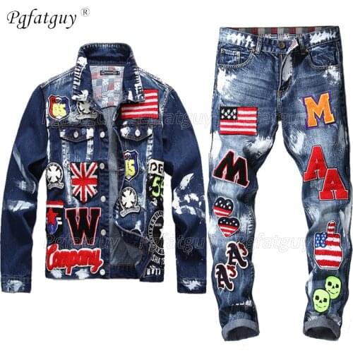 Embroidery Patches Design Jacket Jeans 2 Piece Set Mens Multi-badge Skull Jeans Sets Slim Denim Jacket + Flag Badge Paint Jeans