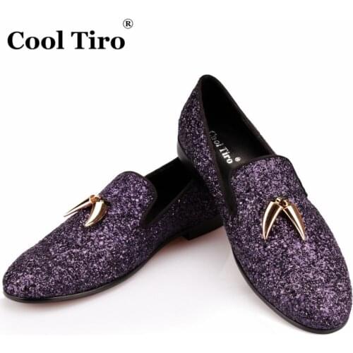 COOL TIRO Purple Glitter Loafers Men Shark teeth Smoking Slippers Mens Moccasins Prom Party Wedding Dress Shoes Casual Flats