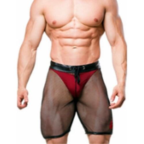 Men shorts 2021 Brand Fashion casual shorts Breathable Faux Leather Patchwork Mesh Black Casual solid Drawstring Men Shorts