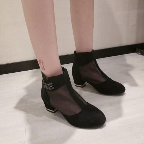 2020 new Women Ankle Boots Generous Zip High Square Heels Shoes Pointed Toe Wire Mesh Breathable Fashion Short lady Botas U22-04