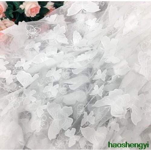Nude powder light pink white high-end 3D three-dimensional butterfly embroidery lace mesh clothing fabric