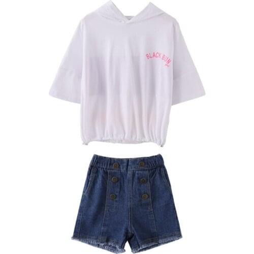Girls Clothes Summer Hooded Loose Short-sleeve Tops + Denim Shorts 2021 Summer New 2pcs Children Sportswear Teen Clothing Sets