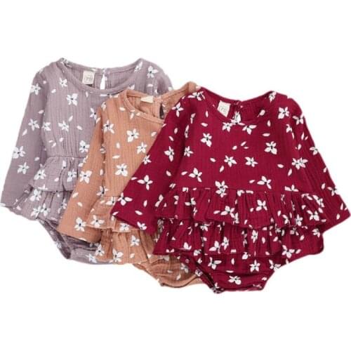 2020 Infant Baby Girl Autumn Romper Tutu Dress Floral Print Long Sleeve Ruffle Jumpsuit Soft Cotton Linen One Piece Clothes