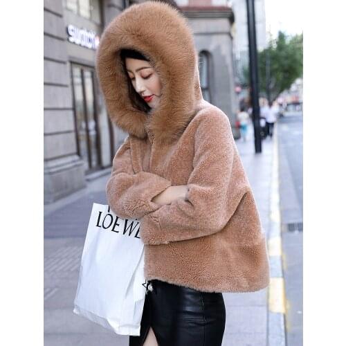 Coat Winter Women Real Fur Coat Female Sheep Shearling 100% Wool Coats Fox Fur Collar Korean Jackets Manteau Femme MY s