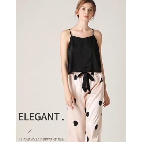 JULYS SONG Pajamas Sets Sexy Lace Pyjamas Female Faux Silk Polka Dot Nightwear Ladies Stripe Sling Elastic Waist Homewear