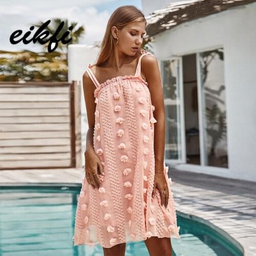 EIKFI Floral Embroidery Ruffle Trim Women Dress Summer Ladies Sexy Tie Shoulder Pink Blue Beige Black Mesh Loose Midi Cami Dress
