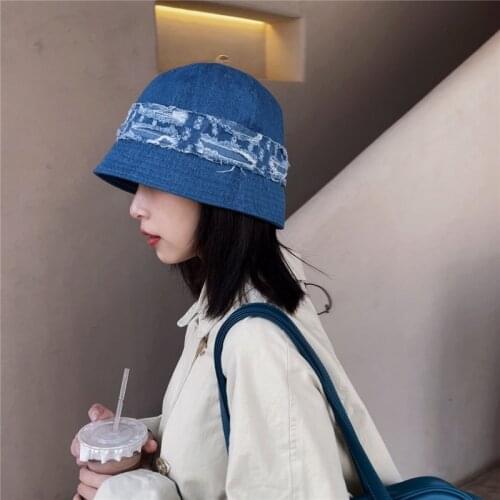 Denim Blue Bucket Hat Women Designer Novelty Worn Fisherman Caps Korean Bob Jean Harajaku Sun Protection Stylish Panama Hats