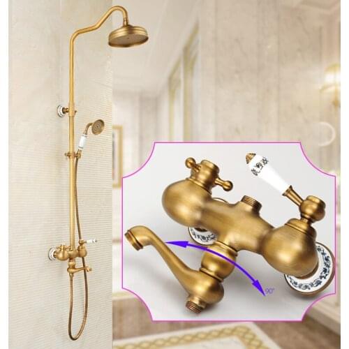 Antique Brass And Black Shower Faucet Set Wall Mounted Retro Style Rainfall with Handheld Shower Bath and Shower Mixers