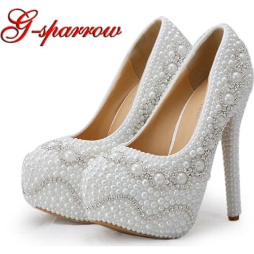 Wedding Shoes White Color Pearl Women High Heels with Matching Bag Platform Shoes Bridal Dress Pumps with Clutch Plus Size 45