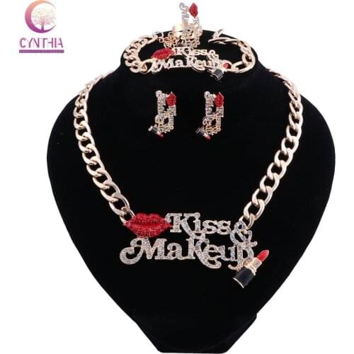 Bridal Gift Nigerian Wedding African Beads Jewelry Set Fashion Dubai Gold color Crystal Kiss Red Lips Lipstick Jewelry Set