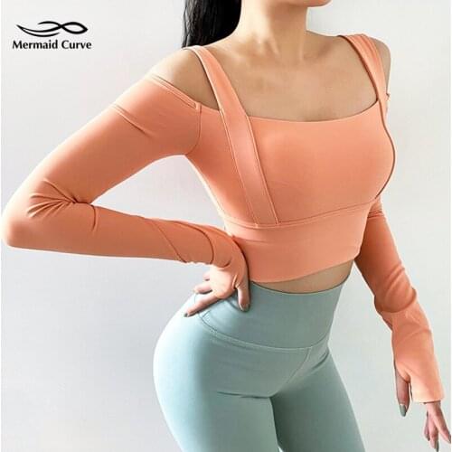 2021 Spring New Dew Shoulder Yoga Shirts With Chest Pad Women Sexy U Collar Tight Quick-Drying Running Long Sleeve Crop Top