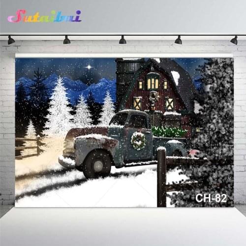 Vintage Truck Christmas Decoration Background Photography Backdrop Winter Night Snow Christmas Tree Backdrop Family Party Banner