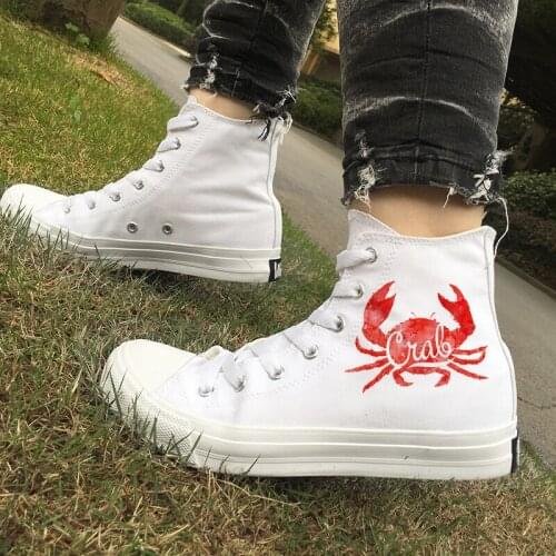 Wen Original Canvas Womens Sport Shoes Red Cute Crab Image White Black High Top Design Skateboard Mens Sneakers Plimsolls