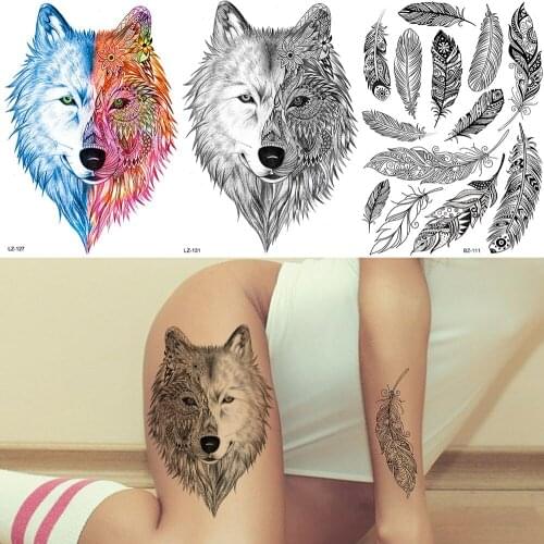YURAN Black Flash Wolf India Tribe Fake Tattoos Stickers Women Men Arm Leg Tattoo Temporary Feather Body Custom Waterproof Tatoo