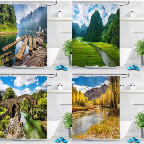 Modern 3D Printing Natural Scenery Shower Curtain Green Plant Tree Landscape Bath Curtain Set With Hooks For Bathroom Waterproof