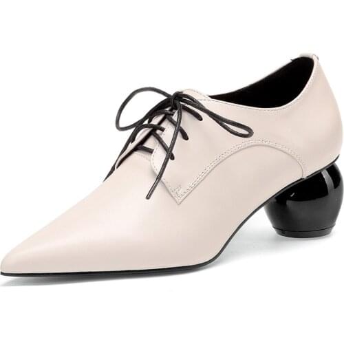 Womens genuine leather ball heel pointed toe lace-up pumps med heel comfortable elegant ladies OL style daily dress shoes women