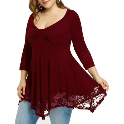 Plus Size Women Irregular Pullovers Lace Patchwork Long Sleeve Casual Solid Tunic Top Plain T-Shirt рубашка женская oversize