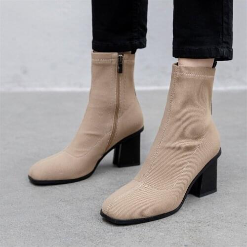 Plus Size 34-43 Womens Boots Square Toe Elastic Ankle Boots Thick Heel High Heels Shoes Woman Female Socks Boots 2019 Fashion