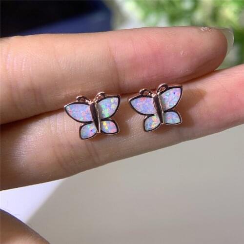Female Cute Small Butterfly Stud Earrings White Blue Opal Stone Animal Earrings Rose Gold Silver Color Bridal Earrings For Women