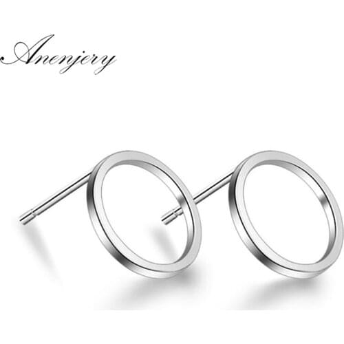 ANENJERY 925 Sterling Silver Simple Geometric Circle Square Triangle Stud Earrings For Women Gift Oorbellen S-E535