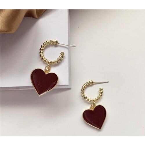 Korean Retro Red Love Heart Drop Earrings For Women Charm Geometric Heart Shaped Dangle Earrings Jewelry Gifts Brincos Bijoux