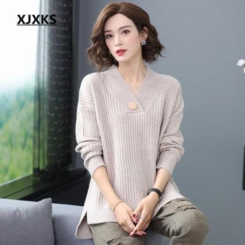 XJXKS Loose plus size fashion V-neck women sweater 2020 autumn winter new high-end cashmere knitted sweater women pullover