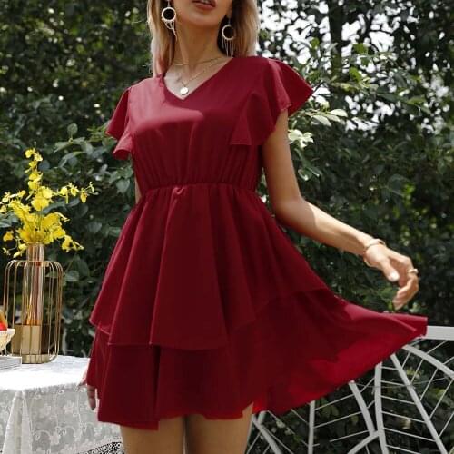 Women Summer Dress Red V-neck Butterfly Short Sleeve Waist Slim Party Mini Dresses Elegant Office Vestidos De Mujer Casual 2021
