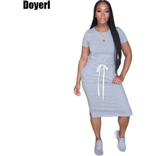 Plus Size Casual Summer Dress Women Streetwear Short Sleeve Pockets Drawstring Skinny Bodycon Dress Midi Casual Party Dress