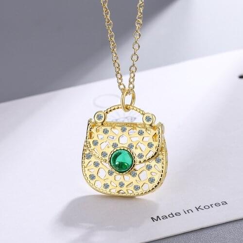 YH-ZL Trendy 2021 Gold plated on 925 Silver Bag Green Crystal Collier Necklace For Women Brand Original Necklace Jewelry Gift
