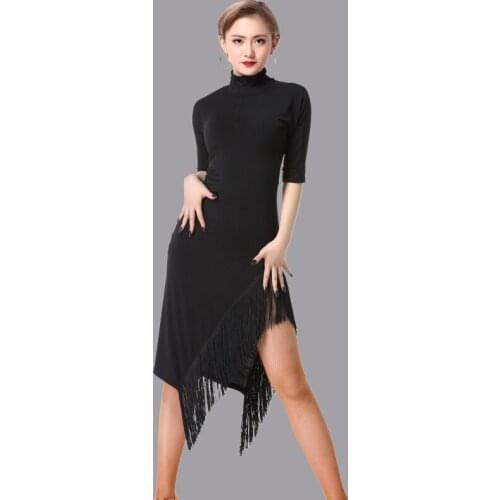 Latin Dance Dress Female Adult New Dance Performance Sexy Modern High Collar Half Sleeve Dress Dance Uniform DQT1056