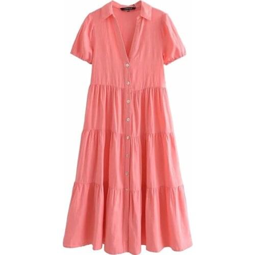 2021 Summer Dress Patchwork Button Loose Midi Dress Women Casual Fashion Chic Ladies Vestidos Mujer New