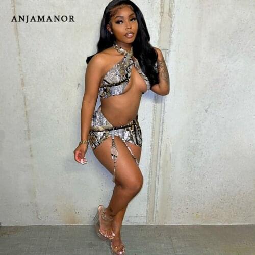 ANJAMANOR Two Piece Set Skirt with Halter Top Sexy Outfits for Woman Night Club Short Suits Mini Dresses Summer 2021 D95-BF21