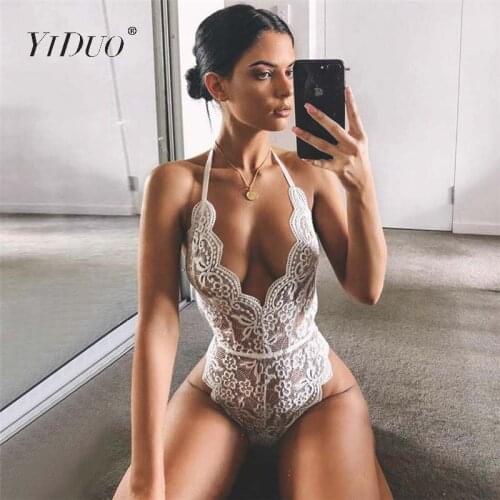 YiDuo Backless Halter Floral Lace Bodysuit Transparent Female Body Hot Sexy 2019 Women Deep V-Neck Sheer Bodysuits Club Party