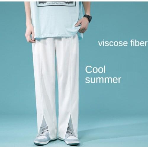Summer Solid Color Split Ice Silk Pants Mens Korean Fashion Loose Casual Pants Men Streetwear Wide-leg Straight-leg Pants Men