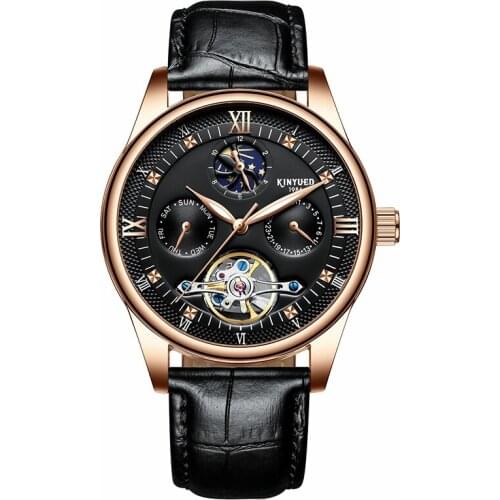 KINYUEDTop Brand business watch affairs Gold Hollow out Automatic Mechanical watch Waterproof Luminous Clocks Mens Watches J057