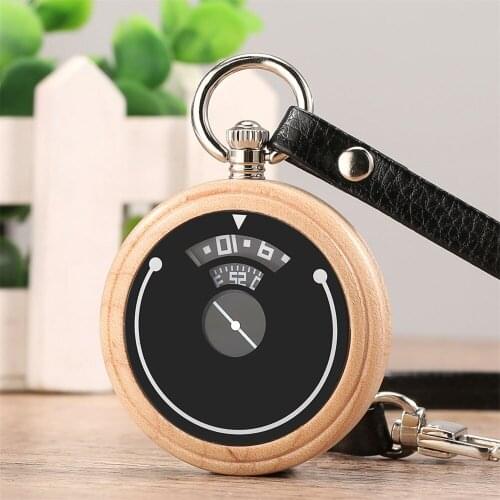 Creative Turntable Digital Display Dial Quartz Pocket Watch Natural Wood/Bamboo Case Pendant Pocket Clock with Leather Chain