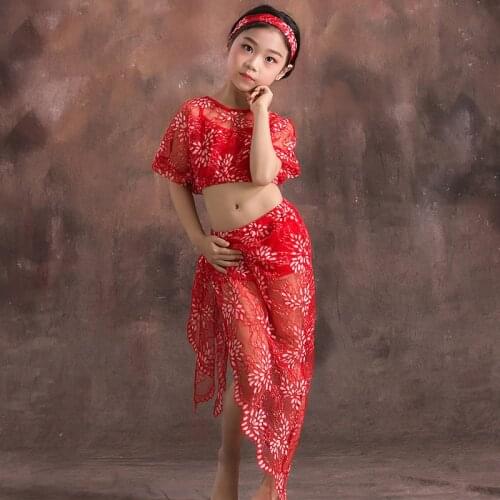 Children Girls Belly Dance Costumes Lace Modal Oriental Outfit Top And Skirts Kids Stage Performance Belly Dancing Clothes