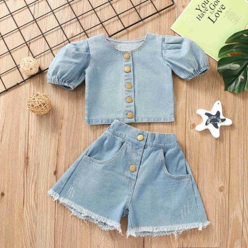 Fashion New Girls Casual 2PCS Denim Clothes Set Solid Color Short Puff Sleeves Button Tops and Wide-leg Shorts Children Outfits