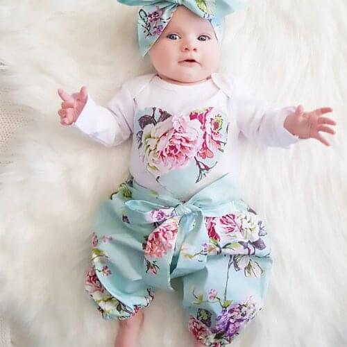 0-18M Autumn 3Pcs Newborn Baby Girls Clothes Set Floral Print Long Sleeve Romper Tops Long Pants Headband Infant Clothing Outfit