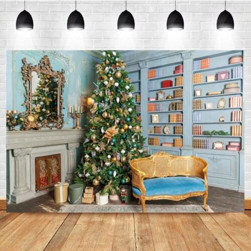 Laeacco Christmas Backdrop Photographic Indoor Tree Bookshelf Gift Fireplace Photography Photo Background For Photo Studio
