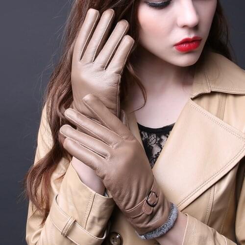 Fashion Gloves Women Leather Female Cute Driving Autumn Winter Plus Velvet Warm Genuine Sheep Leather Gloves S2516